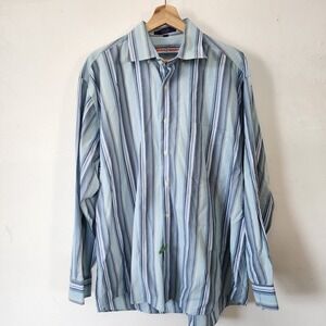Alan Flusser Striped Button Down Shirt Large Blue